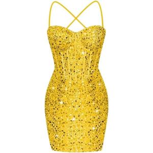 imageCorset Homecoming Dresses for Teens Spaghetti Straps Tight Short Prom Dress Sequin Bodycon Mini Club Night DressesYellow