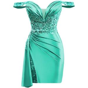 imageOff Shoulder Satin Homecoming Dresses for Teens 2025 Beaded Short Prom Dresses Pleated Cocktail Party Dress with Slit TailAqua