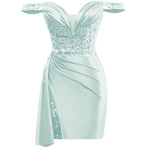 imageOff Shoulder Satin Homecoming Dresses for Teens 2025 Beaded Short Prom Dresses Pleated Cocktail Party Dress with Slit TailBaby Blue