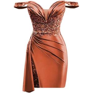 imageOff Shoulder Satin Homecoming Dresses for Teens 2025 Beaded Short Prom Dresses Pleated Cocktail Party Dress with Slit TailBurnt Orange
