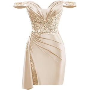 imageOff Shoulder Satin Homecoming Dresses for Teens 2025 Beaded Short Prom Dresses Pleated Cocktail Party Dress with Slit TailChampagne