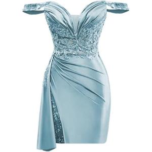 imageOff Shoulder Satin Homecoming Dresses for Teens 2025 Beaded Short Prom Dresses Pleated Cocktail Party Dress with Slit TailDusty Blue