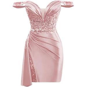 imageOff Shoulder Satin Homecoming Dresses for Teens 2025 Beaded Short Prom Dresses Pleated Cocktail Party Dress with Slit TailDusty Pink
