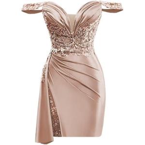 imageOff Shoulder Satin Homecoming Dresses for Teens 2025 Beaded Short Prom Dresses Pleated Cocktail Party Dress with Slit TailDusty Rose