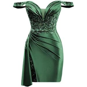 imageOff Shoulder Satin Homecoming Dresses for Teens 2025 Beaded Short Prom Dresses Pleated Cocktail Party Dress with Slit TailEmerald Green
