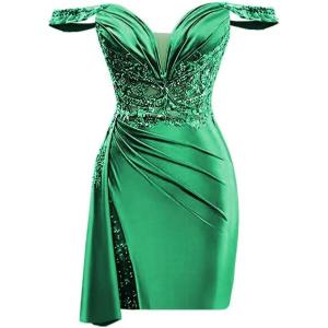 imageOff Shoulder Satin Homecoming Dresses for Teens 2025 Beaded Short Prom Dresses Pleated Cocktail Party Dress with Slit TailGreen