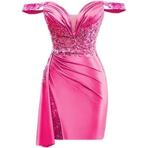 imageOff Shoulder Satin Homecoming Dresses for Teens 2025 Beaded Short Prom Dresses Pleated Cocktail Party Dress with Slit TailHot Pink
