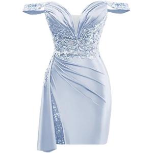 imageOff Shoulder Satin Homecoming Dresses for Teens 2025 Beaded Short Prom Dresses Pleated Cocktail Party Dress with Slit TailLavender
