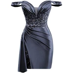 imageOff Shoulder Satin Homecoming Dresses for Teens 2025 Beaded Short Prom Dresses Pleated Cocktail Party Dress with Slit TailNavy Blue