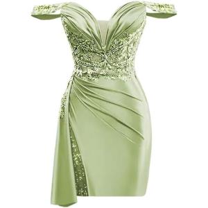 imageOff Shoulder Satin Homecoming Dresses for Teens 2025 Beaded Short Prom Dresses Pleated Cocktail Party Dress with Slit TailOlive Green