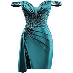 imageOff Shoulder Satin Homecoming Dresses for Teens 2025 Beaded Short Prom Dresses Pleated Cocktail Party Dress with Slit TailPeacock