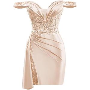 imageOff Shoulder Satin Homecoming Dresses for Teens 2025 Beaded Short Prom Dresses Pleated Cocktail Party Dress with Slit TailRose Gold
