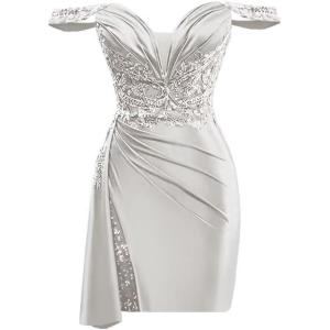 imageOff Shoulder Satin Homecoming Dresses for Teens 2025 Beaded Short Prom Dresses Pleated Cocktail Party Dress with Slit TailSilver