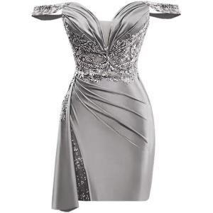 imageOff Shoulder Satin Homecoming Dresses for Teens 2025 Beaded Short Prom Dresses Pleated Cocktail Party Dress with Slit TailSteel Grey