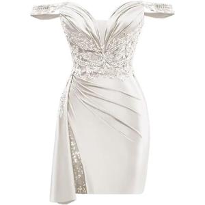 imageOff Shoulder Satin Homecoming Dresses for Teens 2025 Beaded Short Prom Dresses Pleated Cocktail Party Dress with Slit TailWhite