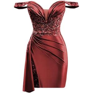 imageOff Shoulder Satin Homecoming Dresses for Teens 2025 Beaded Short Prom Dresses Pleated Cocktail Party Dress with Slit TailWine Red