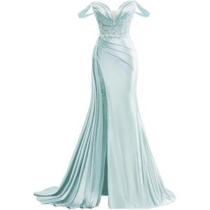 imageOff Shoulder Satin Prom Dresses Long 2025 Beaded Formal Dresses Pleated Evening Party Gown with Slit TailBaby Blue