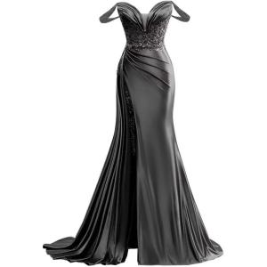 imageOff Shoulder Satin Prom Dresses Long 2025 Beaded Formal Dresses Pleated Evening Party Gown with Slit TailBlack