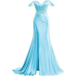 imageOff Shoulder Satin Prom Dresses Long 2025 Beaded Formal Dresses Pleated Evening Party Gown with Slit TailBlue