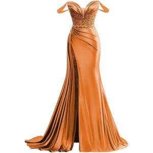 imageOff Shoulder Satin Prom Dresses Long 2025 Beaded Formal Dresses Pleated Evening Party Gown with Slit TailBurnt Orange