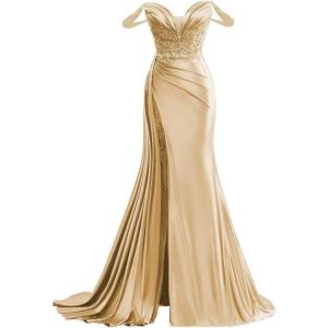 imageOff Shoulder Satin Prom Dresses Long 2025 Beaded Formal Dresses Pleated Evening Party Gown with Slit TailChampagne