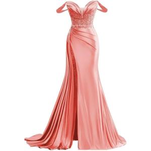 imageOff Shoulder Satin Prom Dresses Long 2025 Beaded Formal Dresses Pleated Evening Party Gown with Slit TailCoral