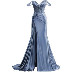 imageOff Shoulder Satin Prom Dresses Long 2025 Beaded Formal Dresses Pleated Evening Party Gown with Slit TailDusty Blue