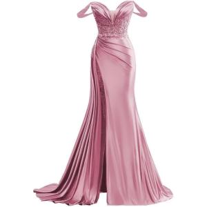 imageOff Shoulder Satin Prom Dresses Long 2025 Beaded Formal Dresses Pleated Evening Party Gown with Slit TailDusty Pink