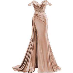 imageOff Shoulder Satin Prom Dresses Long 2025 Beaded Formal Dresses Pleated Evening Party Gown with Slit TailDusty Rose