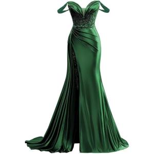 imageOff Shoulder Satin Prom Dresses Long 2025 Beaded Formal Dresses Pleated Evening Party Gown with Slit TailEmerald Green