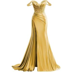 imageOff Shoulder Satin Prom Dresses Long 2025 Beaded Formal Dresses Pleated Evening Party Gown with Slit TailGold