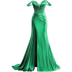 imageOff Shoulder Satin Prom Dresses Long 2025 Beaded Formal Dresses Pleated Evening Party Gown with Slit TailGreen