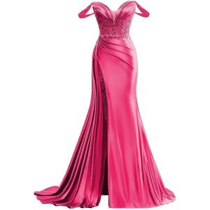 imageOff Shoulder Satin Prom Dresses Long 2025 Beaded Formal Dresses Pleated Evening Party Gown with Slit TailHot Pink