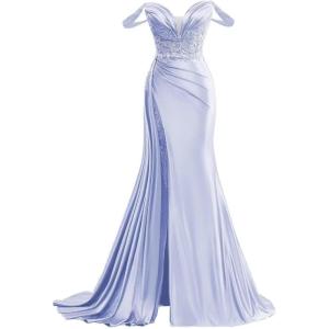 imageOff Shoulder Satin Prom Dresses Long 2025 Beaded Formal Dresses Pleated Evening Party Gown with Slit TailLavender