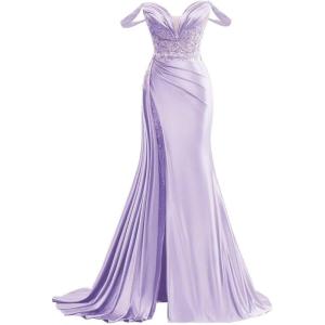 imageOff Shoulder Satin Prom Dresses Long 2025 Beaded Formal Dresses Pleated Evening Party Gown with Slit TailLilac