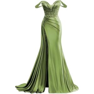 imageOff Shoulder Satin Prom Dresses Long 2025 Beaded Formal Dresses Pleated Evening Party Gown with Slit TailOlive
