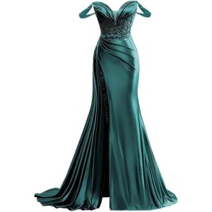 imageOff Shoulder Satin Prom Dresses Long 2025 Beaded Formal Dresses Pleated Evening Party Gown with Slit TailPeacock