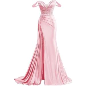 imageOff Shoulder Satin Prom Dresses Long 2025 Beaded Formal Dresses Pleated Evening Party Gown with Slit TailPink