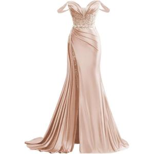 imageOff Shoulder Satin Prom Dresses Long 2025 Beaded Formal Dresses Pleated Evening Party Gown with Slit TailRose Gold