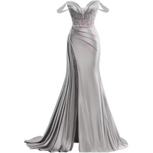 imageOff Shoulder Satin Prom Dresses Long 2025 Beaded Formal Dresses Pleated Evening Party Gown with Slit TailSilver