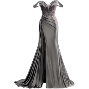 imageOff Shoulder Satin Prom Dresses Long 2025 Beaded Formal Dresses Pleated Evening Party Gown with Slit TailSteel Grey