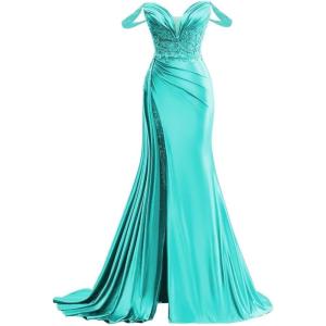 imageOff Shoulder Satin Prom Dresses Long 2025 Beaded Formal Dresses Pleated Evening Party Gown with Slit TailTurquoise