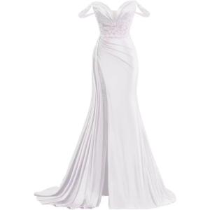imageOff Shoulder Satin Prom Dresses Long 2025 Beaded Formal Dresses Pleated Evening Party Gown with Slit TailWhite