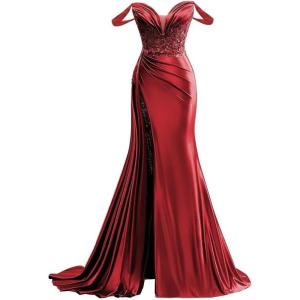imageOff Shoulder Satin Prom Dresses Long 2025 Beaded Formal Dresses Pleated Evening Party Gown with Slit TailWine Red