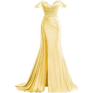 imageOff Shoulder Satin Prom Dresses Long 2025 Beaded Formal Dresses Pleated Evening Party Gown with Slit TailYellow