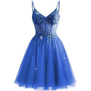 imageTulle Homecoming Dresses 2025 Prom Dresses Short Sparkly Beaded Formal Party GownsBlue