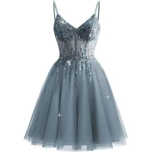 imageTulle Homecoming Dresses 2025 Prom Dresses Short Sparkly Beaded Formal Party GownsDusty Blue