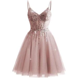 imageTulle Homecoming Dresses 2025 Prom Dresses Short Sparkly Beaded Formal Party GownsDusty Rose