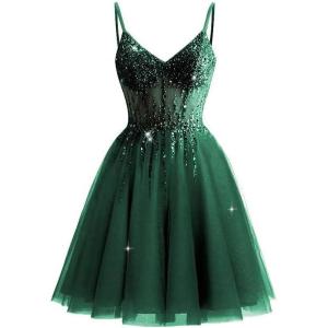 imageTulle Homecoming Dresses 2025 Prom Dresses Short Sparkly Beaded Formal Party GownsEmerald Green