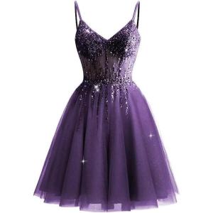 imageTulle Homecoming Dresses 2025 Prom Dresses Short Sparkly Beaded Formal Party GownsGrape